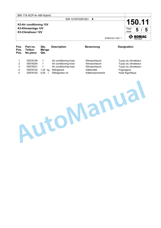 Bomag BW 174 ACP-4v AM Hybrid Combination Roller Spare Parts Catalogue 00826357-3