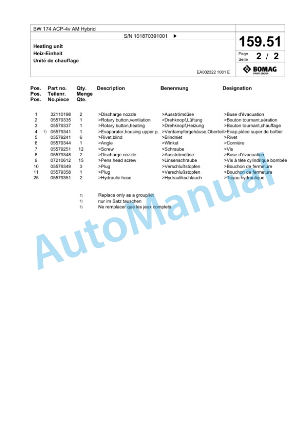Bomag BW 174 ACP-4v AM Hybrid Combination Roller Spare Parts Catalogue 00826357-5