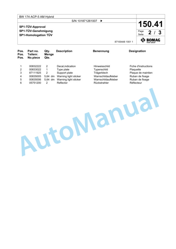 Bomag BW 174 ACP-5 AM Hybrid Combination Roller Spare Parts Catalogue 00826449-3