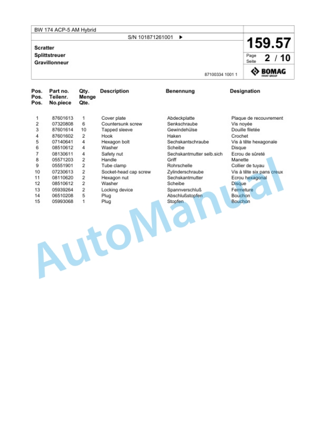 Bomag BW 174 ACP-5 AM Hybrid Combination Roller Spare Parts Catalogue 00826449-5