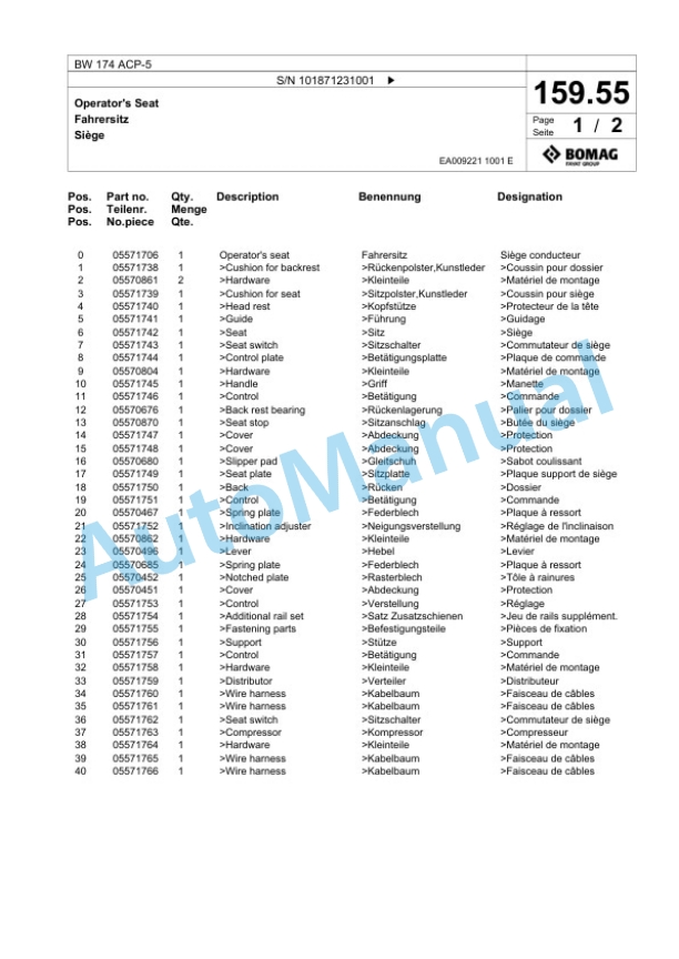 Bomag BW 174 ACP-5 Combination Roller Spare Parts Catalogue 00826327-5