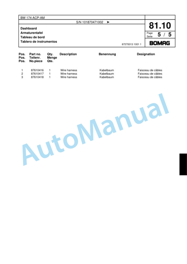 Bomag BW 174 ACP-AM Combination Roller Spare Parts Catalogue 00818355-2