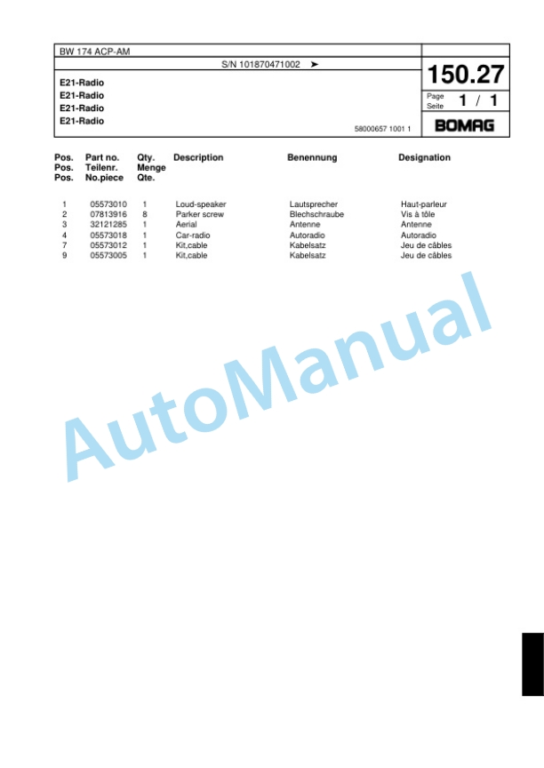 Bomag BW 174 ACP-AM Combination Roller Spare Parts Catalogue 00818355-5