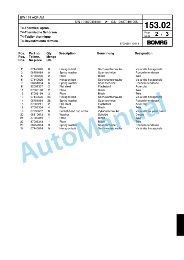 Bomag BW 174 ACP-AM Combination Roller Spare Parts Catalogue 00818535-5