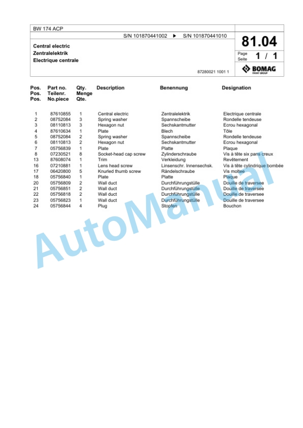 Bomag BW 174 ACP Combination Roller Spare Parts Catalogue 00818519-2