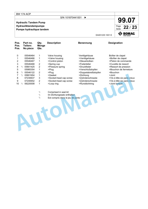 Bomag BW 174 ACP Combination Roller Spare Parts Catalogue 00818519-3