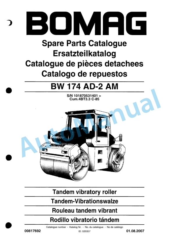 Bomag BW 174 AD-2 AM Tandem Vibratory Roller Spare Parts Catalogue 00817692