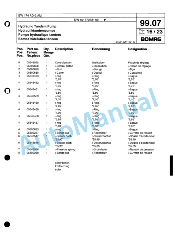 Bomag BW 174 AD-2 AM Tandem Vibratory Roller Spare Parts Catalogue 00817692-2