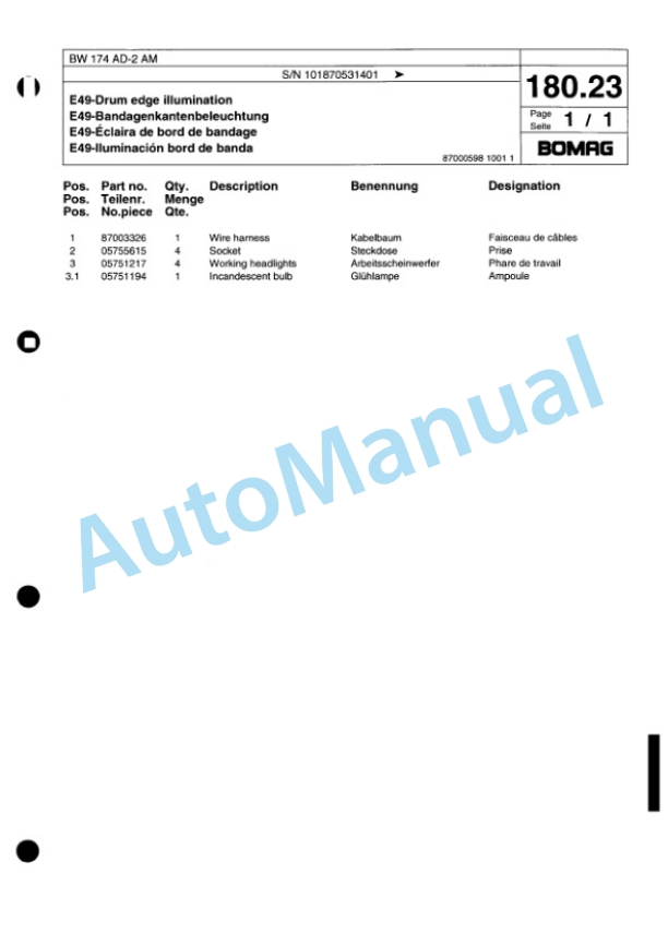 Bomag BW 174 AD-2 AM Tandem Vibratory Roller Spare Parts Catalogue 00817692-5