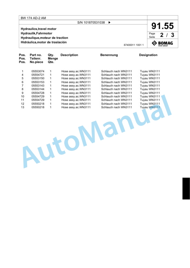 Bomag BW 174 AD-2 AM Tandem Vibratory Roller Spare Parts Catalogue 00817693-2