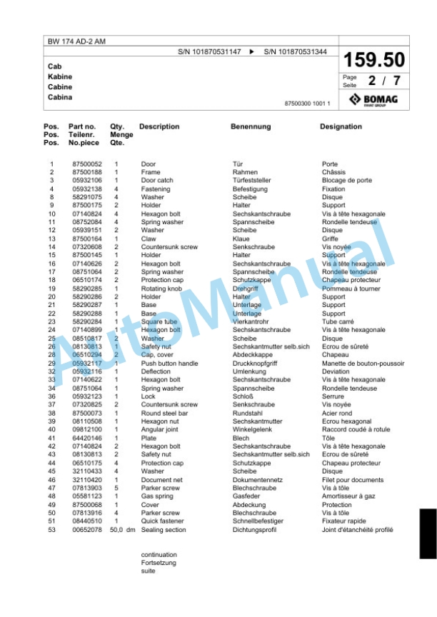 Bomag BW 174 AD-2 AM Tandem Vibratory Roller Spare Parts Catalogue 00817693-4