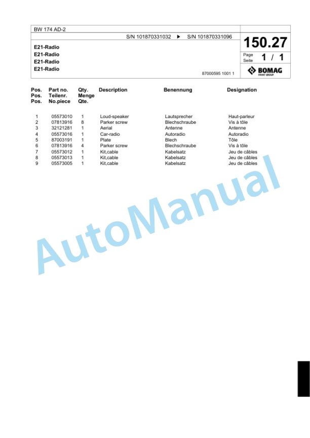 Bomag BW 174 AD-2 Tandem Vibratory Roller Spare Parts Catalogue 00817695-3