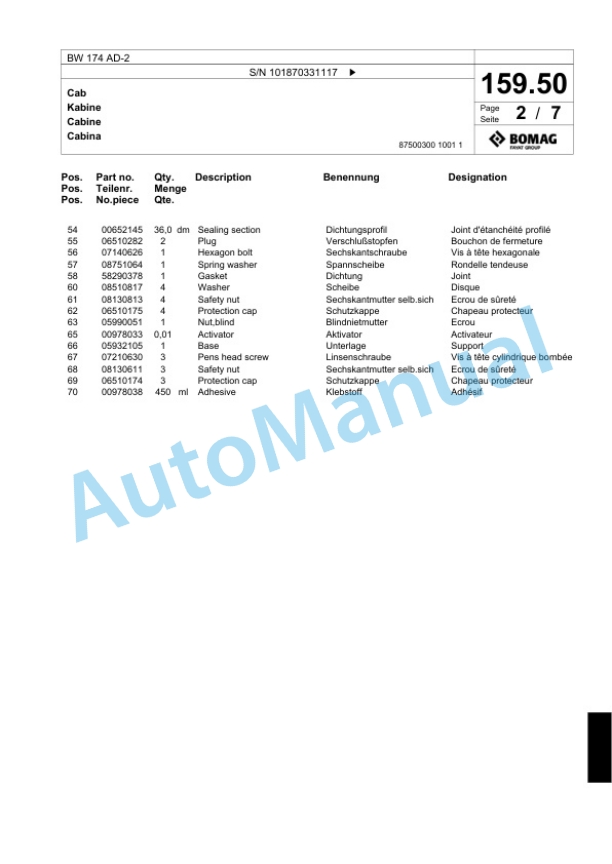 Bomag BW 174 AD-2 Tandem Vibratory Roller Spare Parts Catalogue 00817695-4