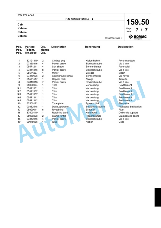 Bomag BW 174 AD-2 Tandem Vibratory Roller Spare Parts Catalogue 00817695-5