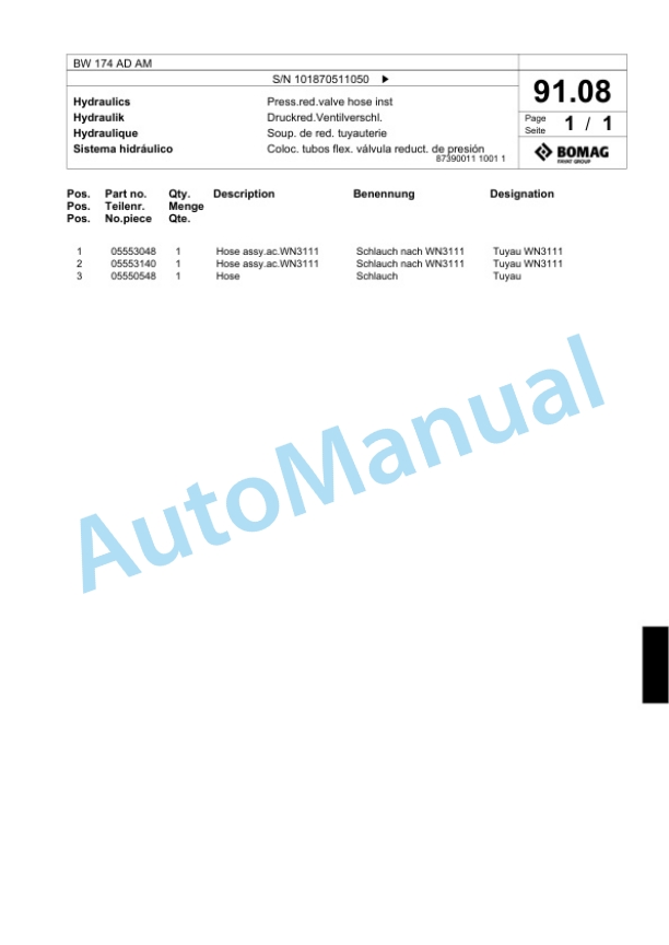 Bomag BW 174 AD AM Tandem Vibratory Roller Spare Parts Catalogue 00817502-2