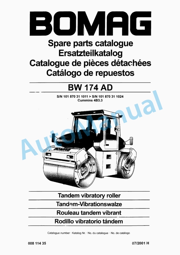 Bomag BW 174 AD Tandem Vibratory Roller Spare Parts Catalogue 00811435