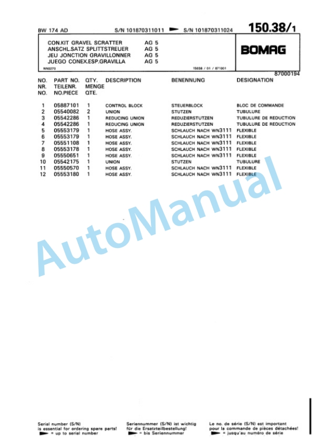 Bomag BW 174 AD Tandem Vibratory Roller Spare Parts Catalogue 00811435-5