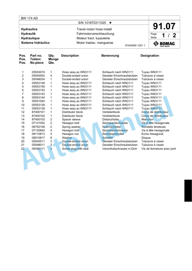 Bomag BW 174 AD Tandem Vibratory Roller Spare Parts Catalogue 00817501-2