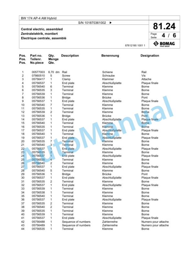 Bomag BW 174 AP-4 AM Hybrid Tandem Vibratory Roller Spare Parts Catalogue 00825253-2