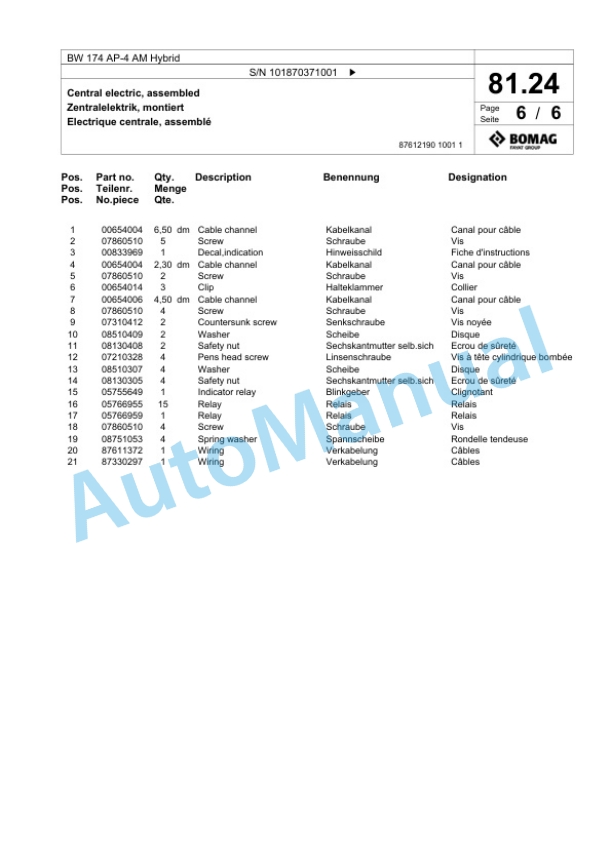 Bomag BW 174 AP-4 AM Hybrid Tandem Vibratory Roller Spare Parts Catalogue 00825463-2