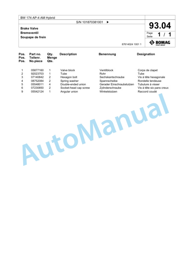 Bomag BW 174 AP-4 AM Hybrid Tandem Vibratory Roller Spare Parts Catalogue 00825657-2