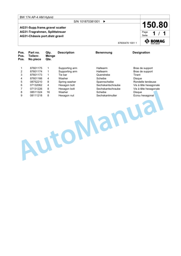 Bomag BW 174 AP-4 AM Hybrid Tandem Vibratory Roller Spare Parts Catalogue 00825657-3