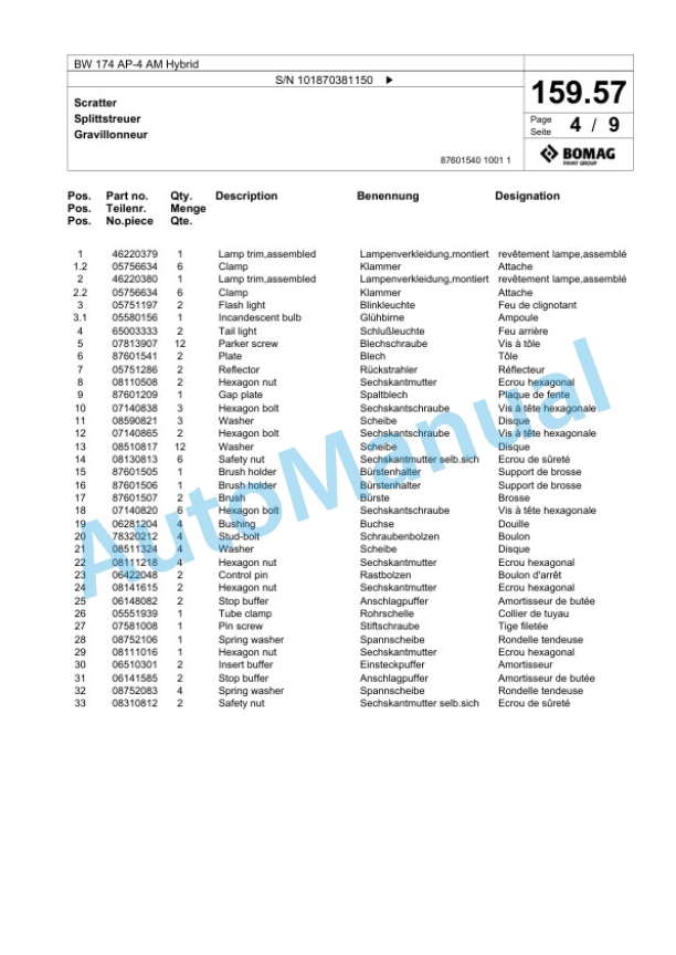 Bomag BW 174 AP-4 AM Hybrid Tandem Vibratory Roller Spare Parts Catalogue 00825657-5