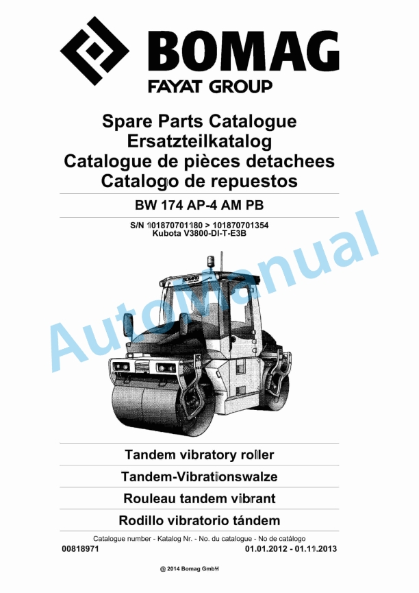 Bomag BW 174 AP-4 AM PB Tandem Vibratory Roller Spare Parts Catalogue 00818971