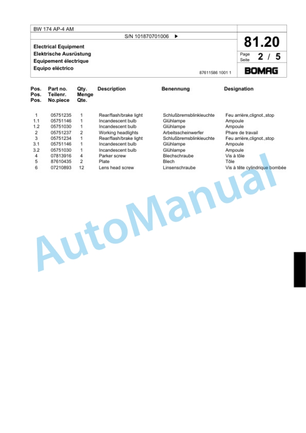 Bomag BW 174 AP-4 AM Tandem Vibratory Roller Spare Parts Catalogue 00818655-2