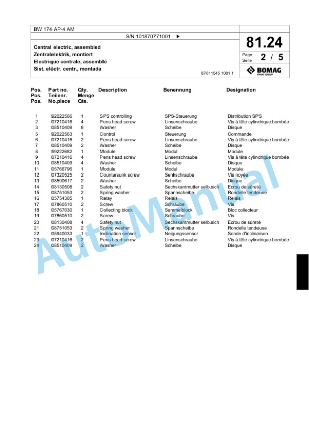 Bomag BW 174 AP-4 AM Tandem Vibratory Roller Spare Parts Catalogue 00824543-2