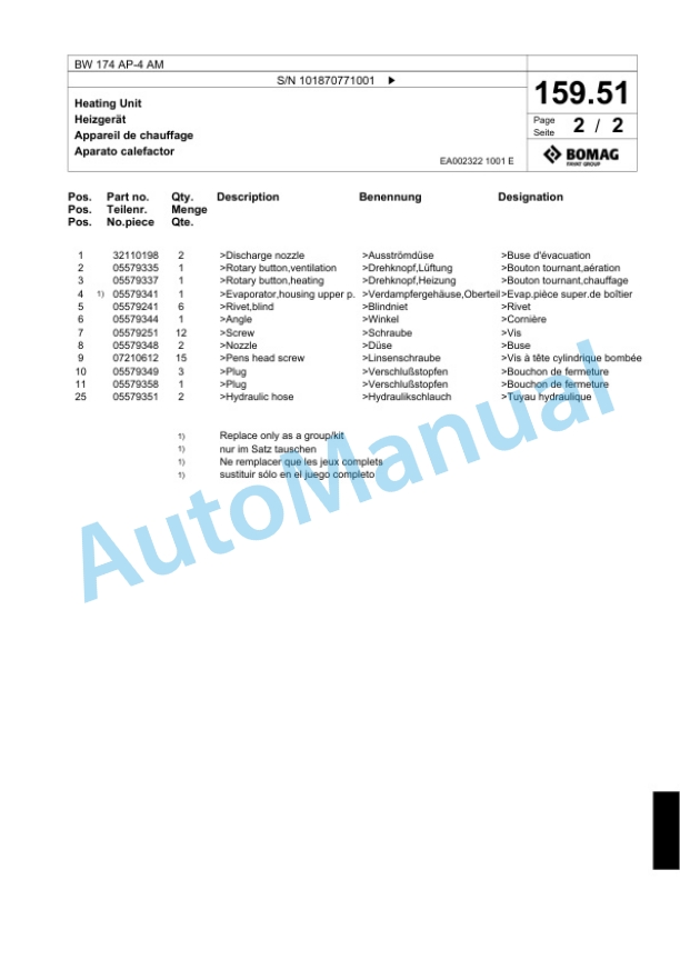 Bomag BW 174 AP-4 AM Tandem Vibratory Roller Spare Parts Catalogue 00824543-5