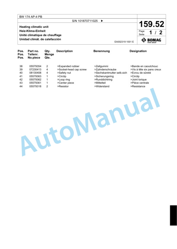 Bomag BW 174 AP-4 PB Tandem Vibratory Roller Spare Parts Catalogue 00818973-5