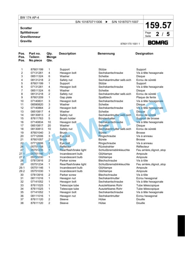 Bomag BW 174 AP-4 Tandem Vibratory Roller Spare Parts Catalogue 00818657-5