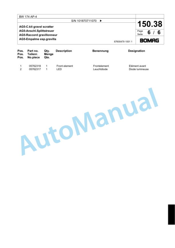 Bomag BW 174 AP-4 Tandem Vibratory Roller Spare Parts Catalogue 00818847-4