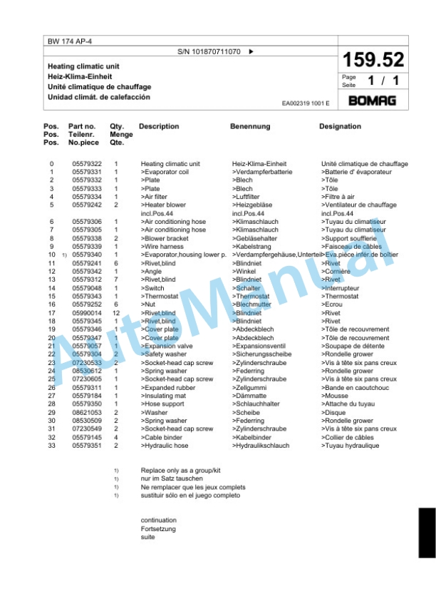 Bomag BW 174 AP-4 Tandem Vibratory Roller Spare Parts Catalogue 00818847-5
