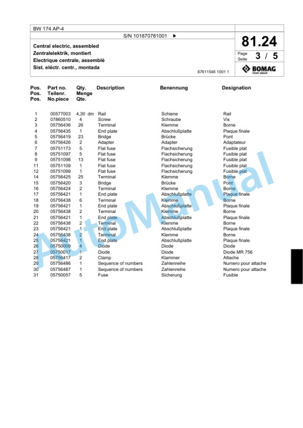 Bomag BW 174 AP-4 Tandem Vibratory Roller Spare Parts Catalogue 00824545-2