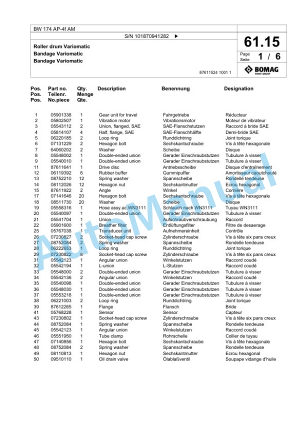 Bomag BW 174 AP-4f AM Tandem Vibratory Roller Spare Parts Catalogue 00824909-2