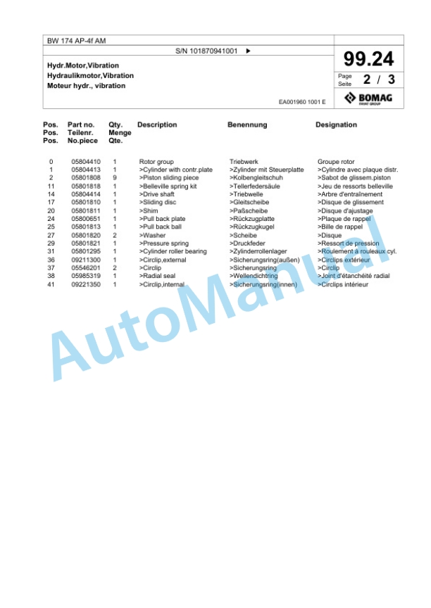 Bomag BW 174 AP-4f AM Tandem Vibratory Roller Spare Parts Catalogue 00824909-3