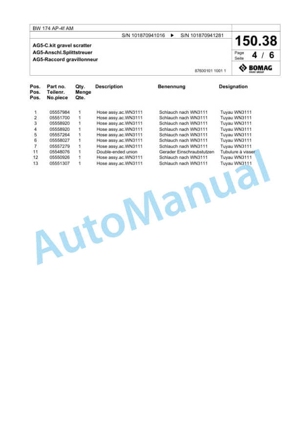 Bomag BW 174 AP-4f AM Tandem Vibratory Roller Spare Parts Catalogue 00824909-4