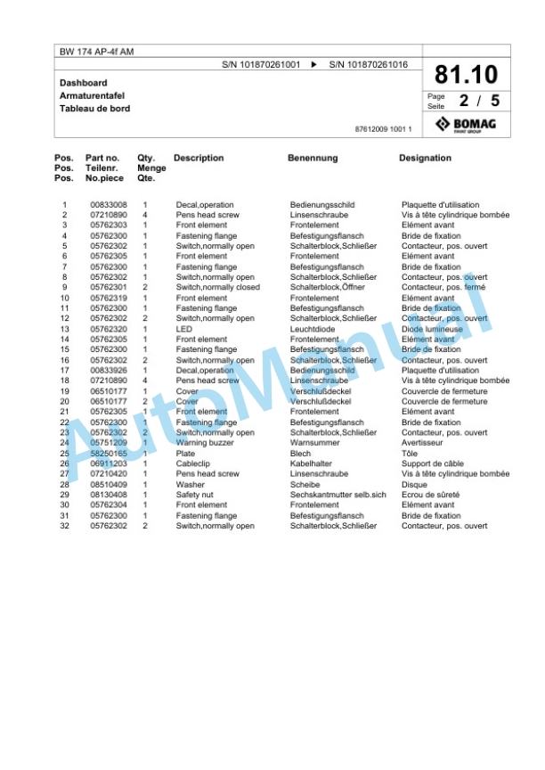Bomag BW 174 AP-4f AM Tandem Vibratory Roller Spare Parts Catalogue 00826151-2