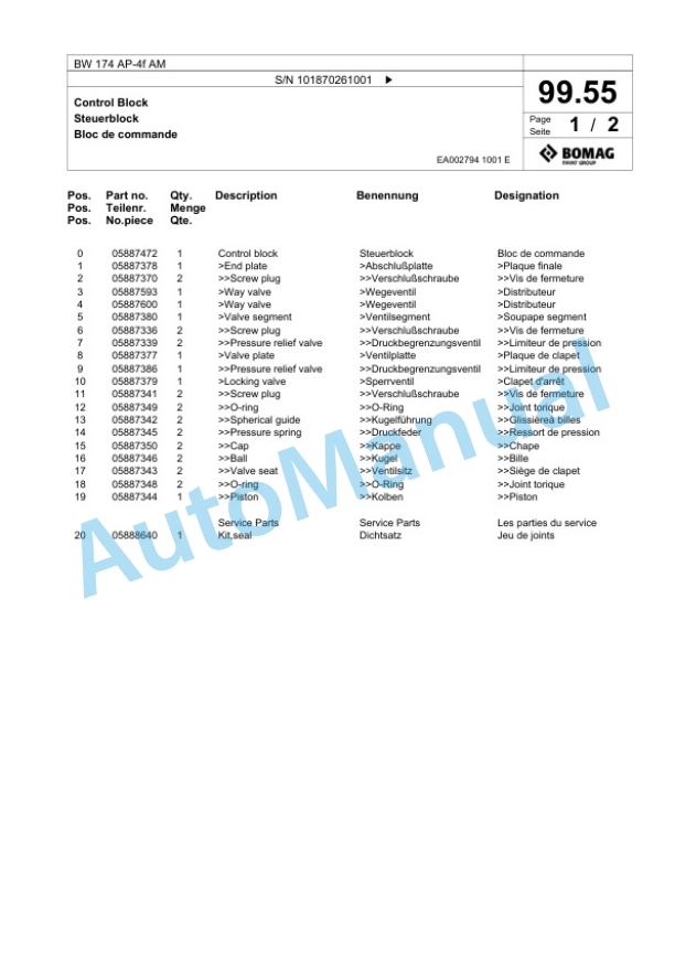 Bomag BW 174 AP-4f AM Tandem Vibratory Roller Spare Parts Catalogue 00826151-3