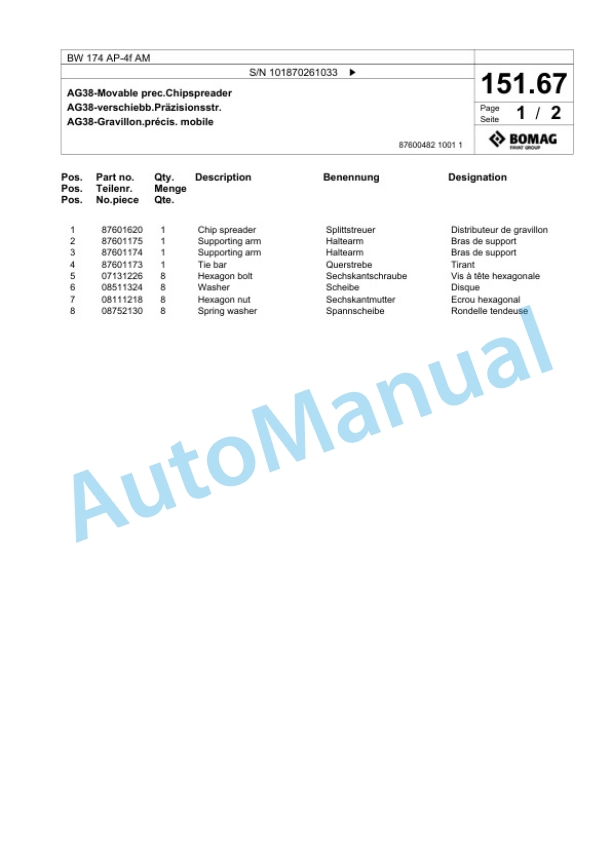 Bomag BW 174 AP-4f AM Tandem Vibratory Roller Spare Parts Catalogue 00826151-4