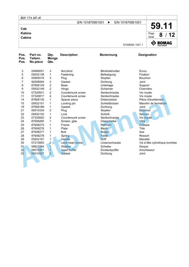 Bomag BW 174 AP-4f Tandem Vibratory Roller Spare Parts Catalogue 00824911-2