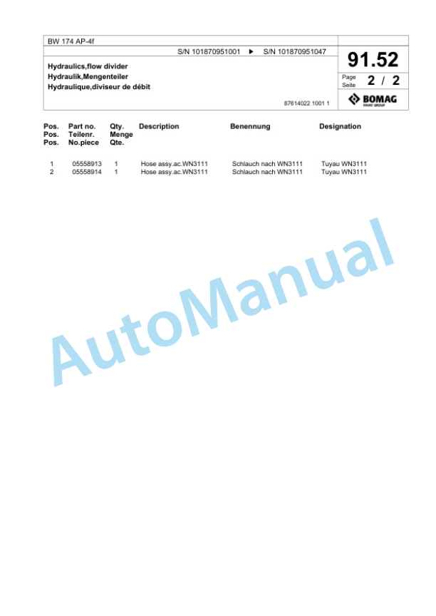 Bomag BW 174 AP-4f Tandem Vibratory Roller Spare Parts Catalogue 00824911-3