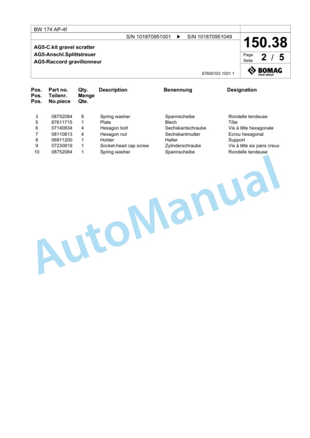 Bomag BW 174 AP-4f Tandem Vibratory Roller Spare Parts Catalogue 00824911-5