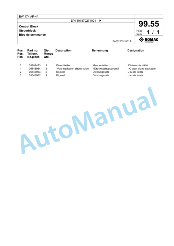 Bomag BW 174 AP-4f Tandem Vibratory Roller Spare Parts Catalogue 00826153-3