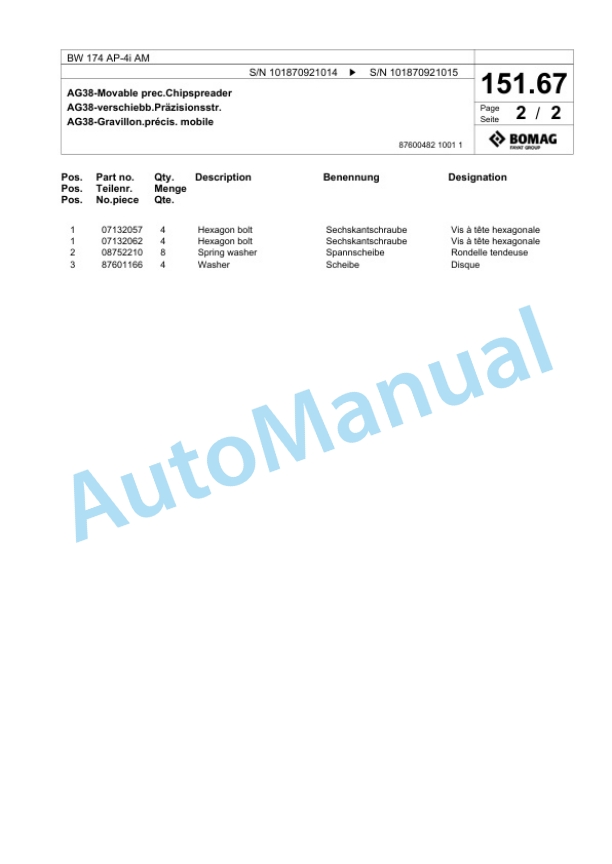 Bomag BW 174 AP-4i AM Tandem Vibratory Roller Spare Parts Catalogue 00825051-4