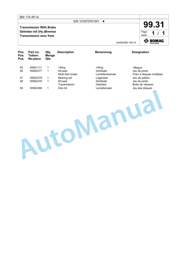 Bomag BW 174 AP-4i Tandem Vibratory Roller Spare Parts Catalogue 00824095-3