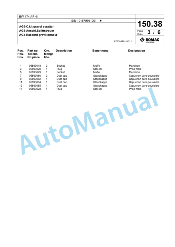 Bomag BW 174 AP-4i Tandem Vibratory Roller Spare Parts Catalogue 00824095-4