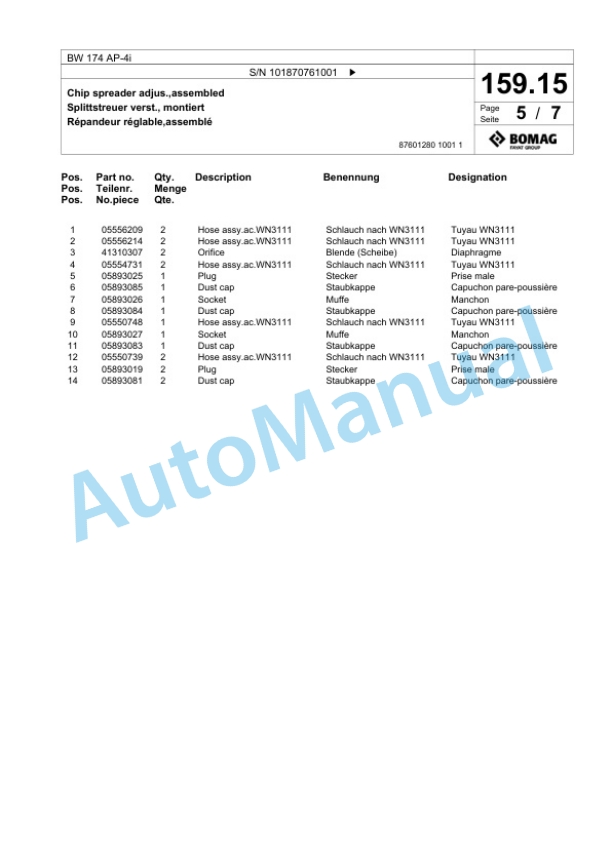 Bomag BW 174 AP-4i Tandem Vibratory Roller Spare Parts Catalogue 00824095-5
